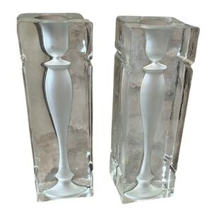 Vintage Pair Heavy Glass Blocks w/ Frosted Candle Stick Mold Decor Bookends RARE